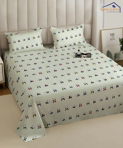 Cute Panda Print Kids Bedsheet With Pillow Covers