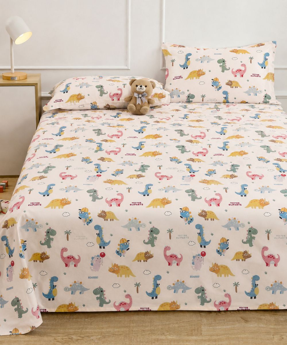 Jurassic Fun Kids Bedsheet With Pillow Covers