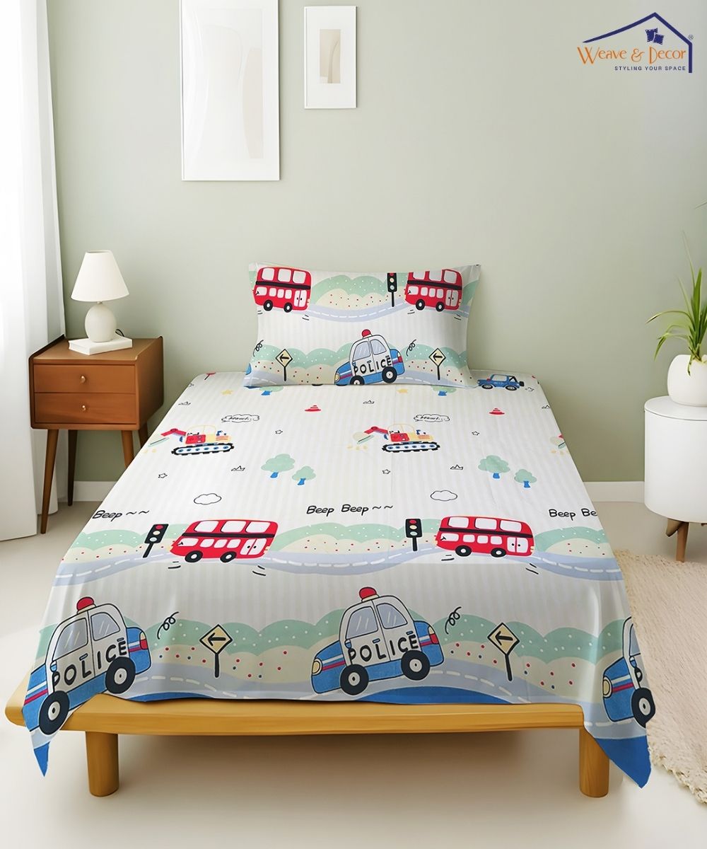 City Ride Kids Bedsheet With Pillow Covers