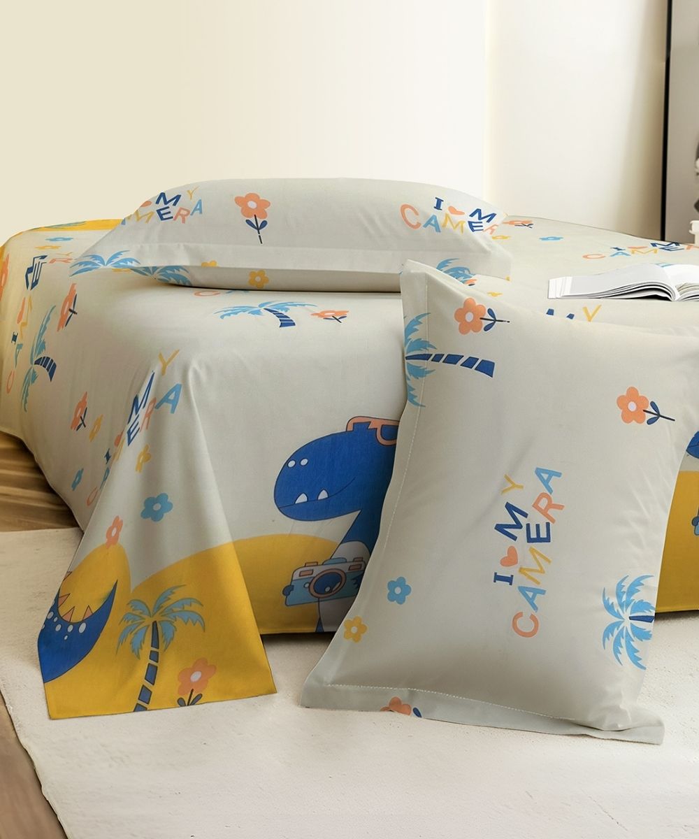 Fun With Dino Kids Flat Bedsheet With Pillow Covers
