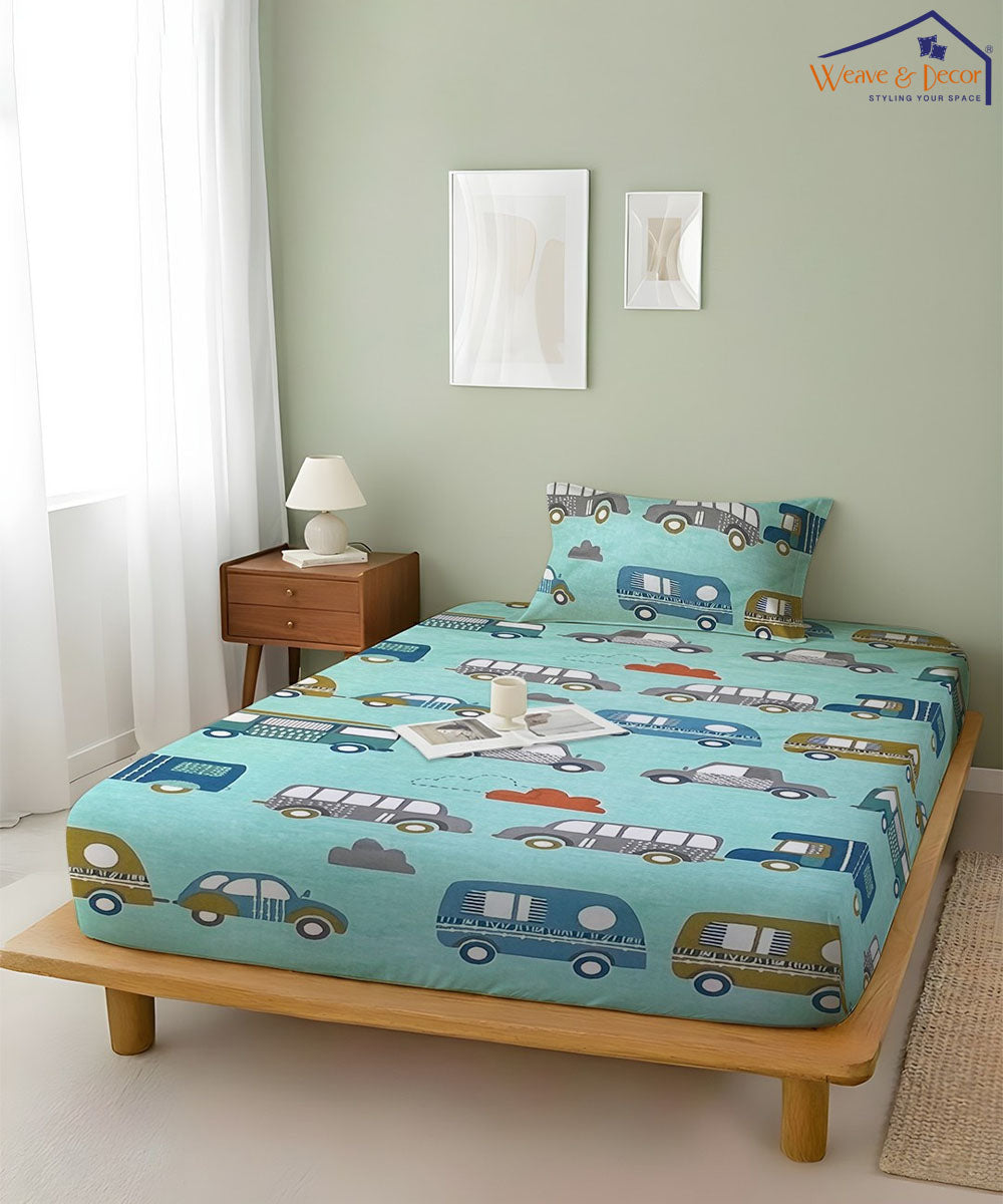 Mint Drive Kids Flat Bedsheet With Pillow Covers
