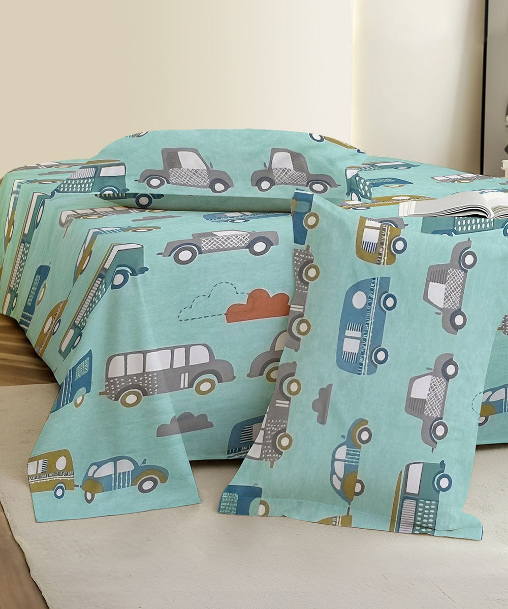 Mint Drive Kids Flat Bedsheet With Pillow Covers