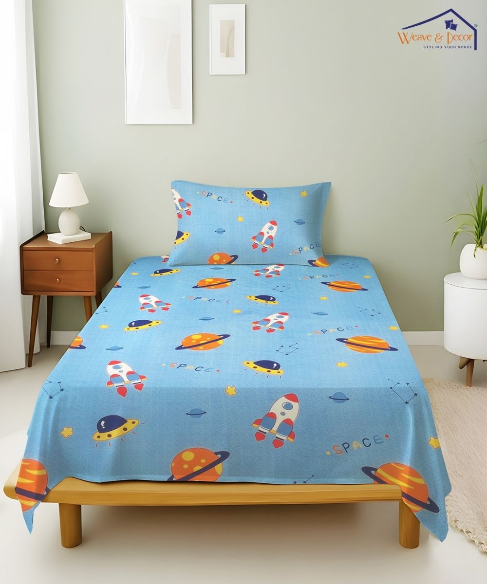 Space Adventure Blue Kids Bedsheet With Pillow Covers