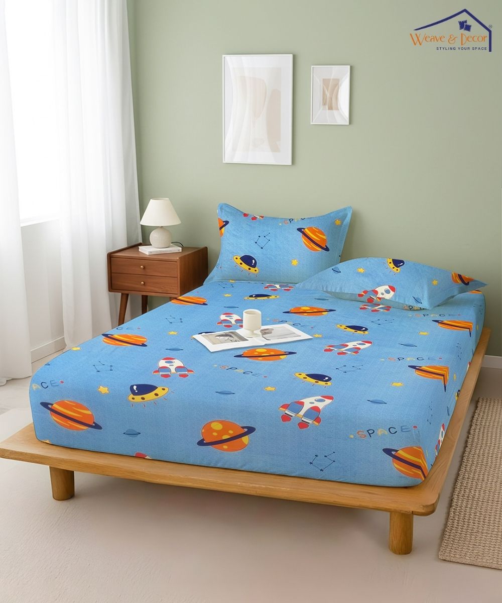 Space Adventure Blue Kids Bedsheet With Pillow Covers