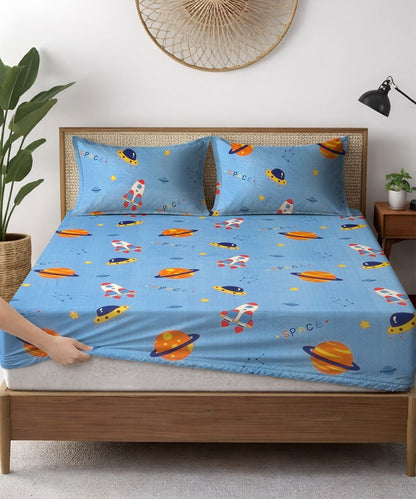 Space Adventure Blue Kids Bedsheet With Pillow Covers