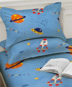 Space Adventure Blue Kids Bedsheet With Pillow Covers