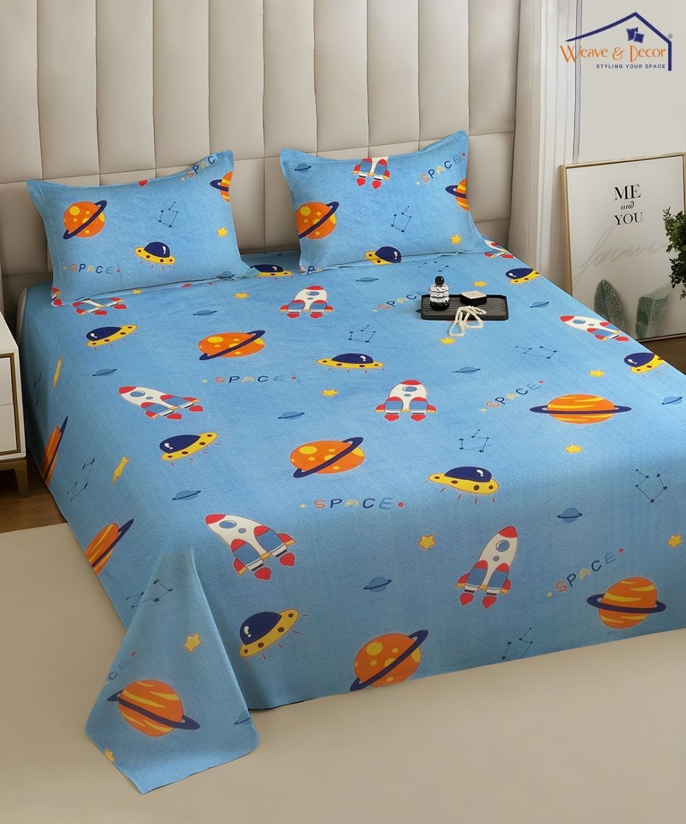 Space Adventure Blue Kids Bedsheet With Pillow Covers