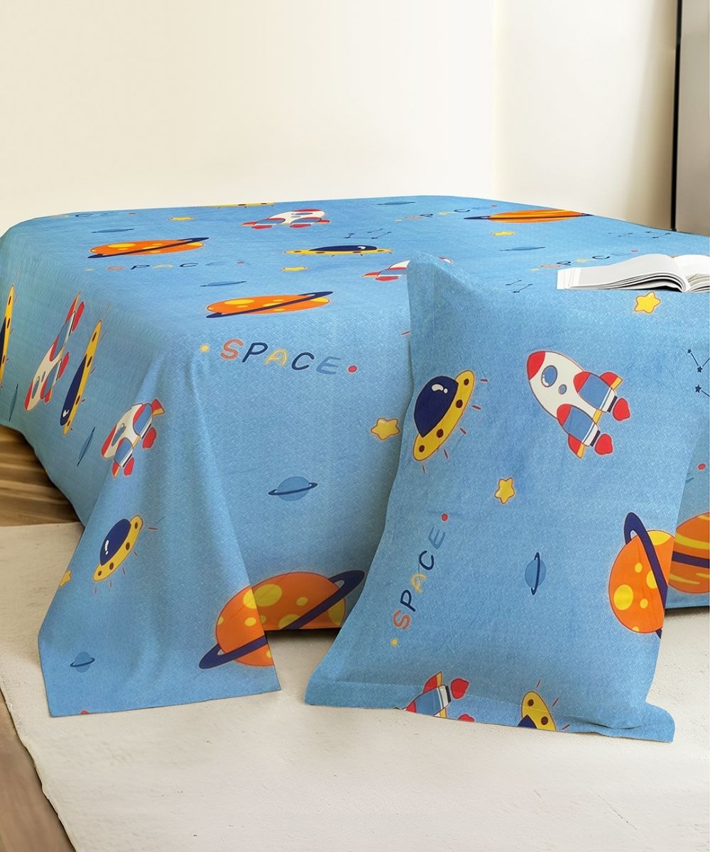 Space Adventure Blue Kids Bedsheet With Pillow Covers
