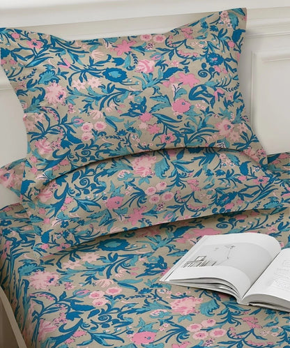 Pastel Garden Bliss Cotton Double Bedsheet with Pillow Covers