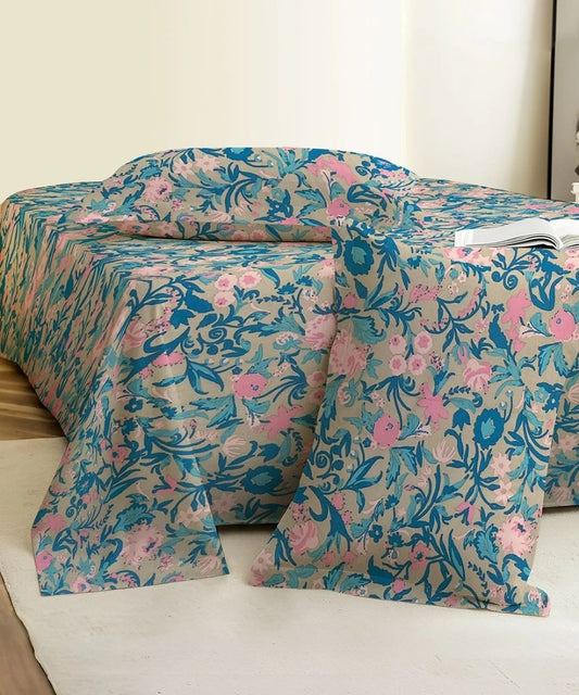 Pastel Garden Bliss Cotton Double Bedsheet with Pillow Covers