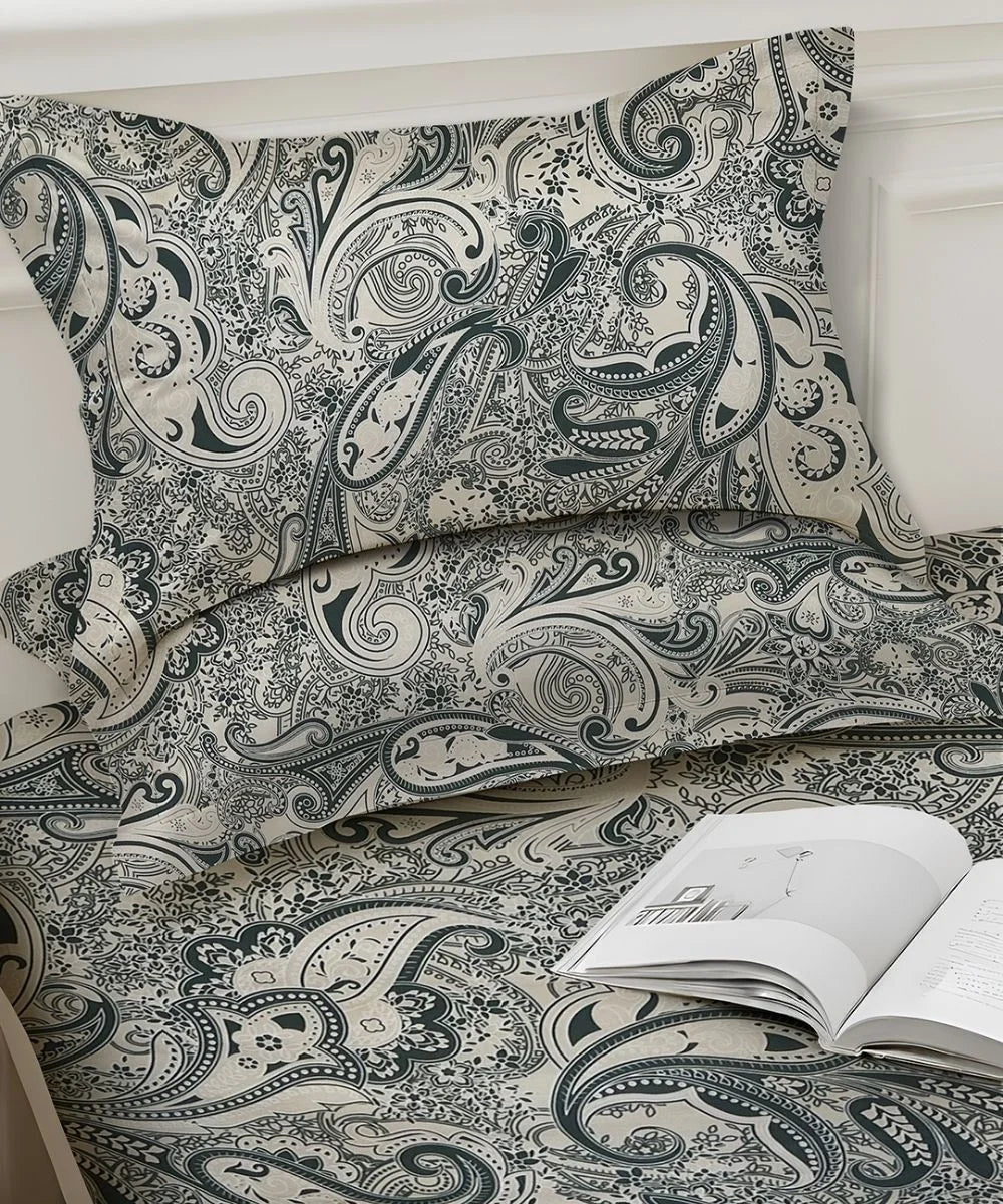 Sage Paisley Charm Cotton Double Bedsheet with Pillow Covers