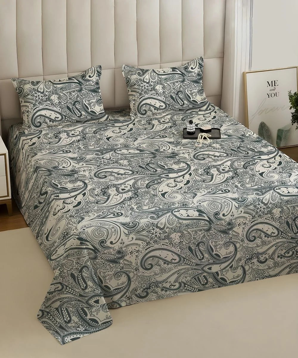 Sage Paisley Charm Cotton Double Bedsheet with Pillow Covers