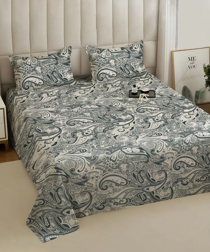 Sage Paisley Charm Cotton Double Bedsheet with Pillow Covers