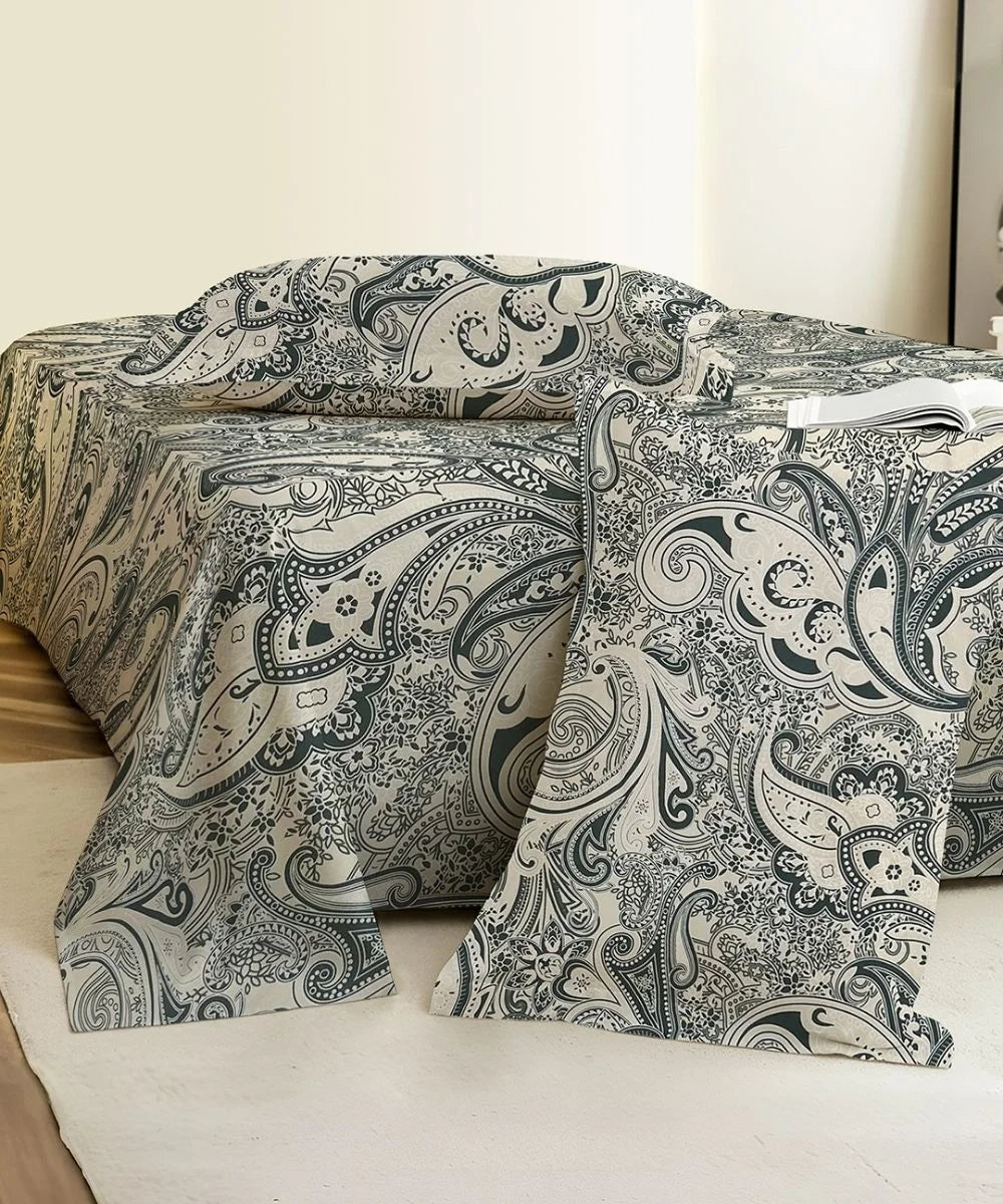 Sage Paisley Charm Cotton Double Bedsheet with Pillow Covers