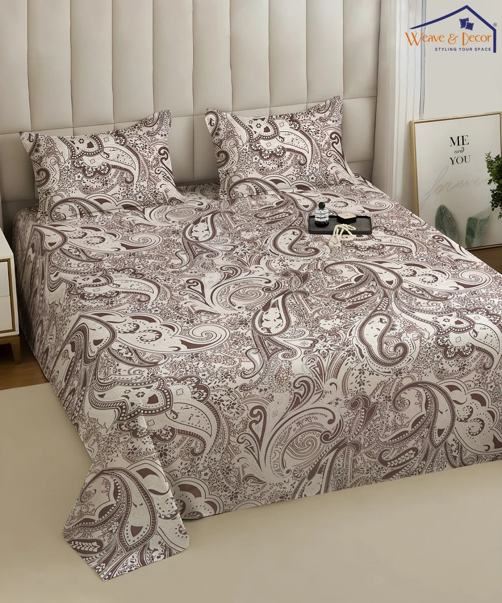 Taupe Paisley Elegance – 130 GSM Cotton Fitted Bedsheet With Pillow Cover