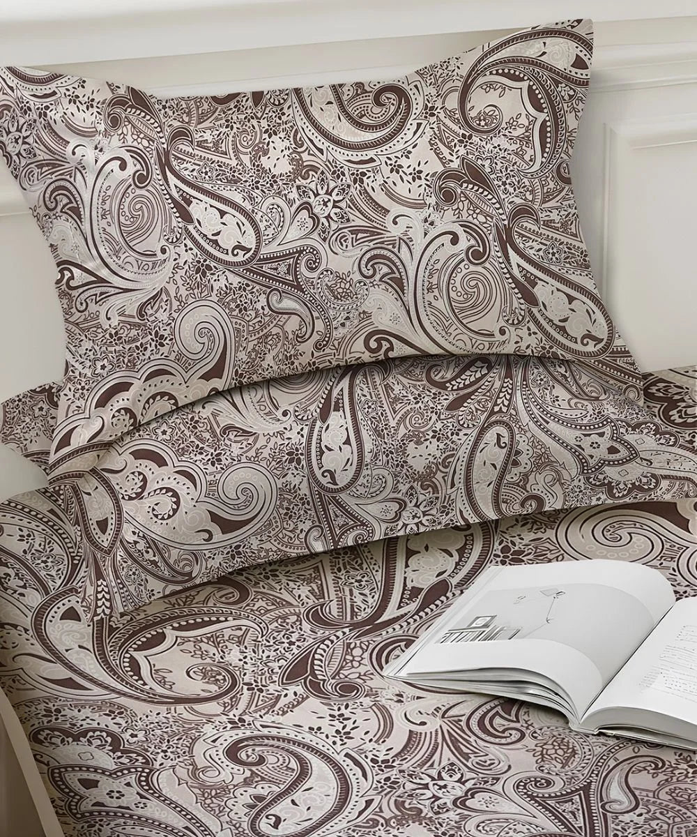 Taupe Paisley Elegance Cotton Double Bedsheet with Pillow Covers