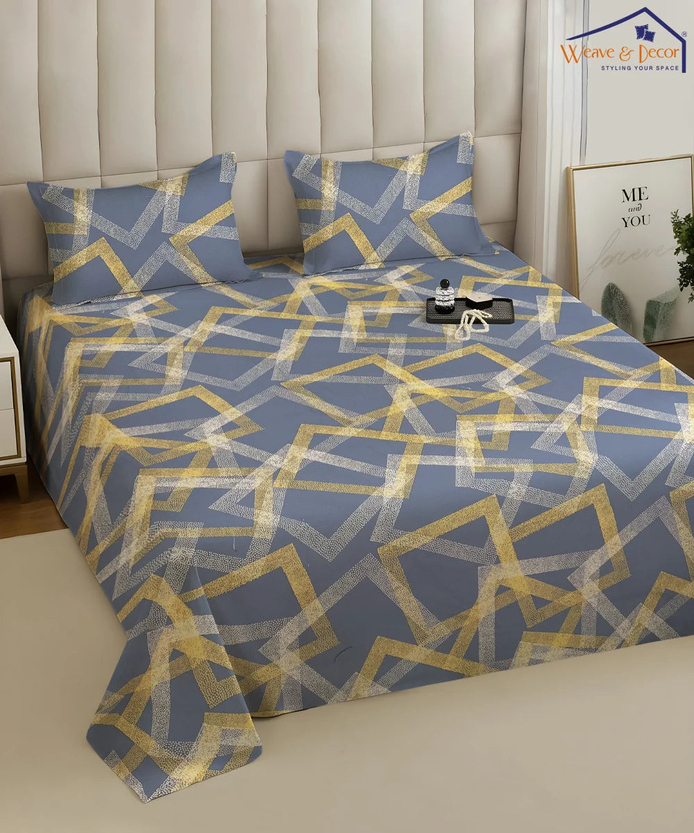 Slate Blue Geometric Charm – 130 GSM Cotton Fitted Bedsheet With Pillow Cover