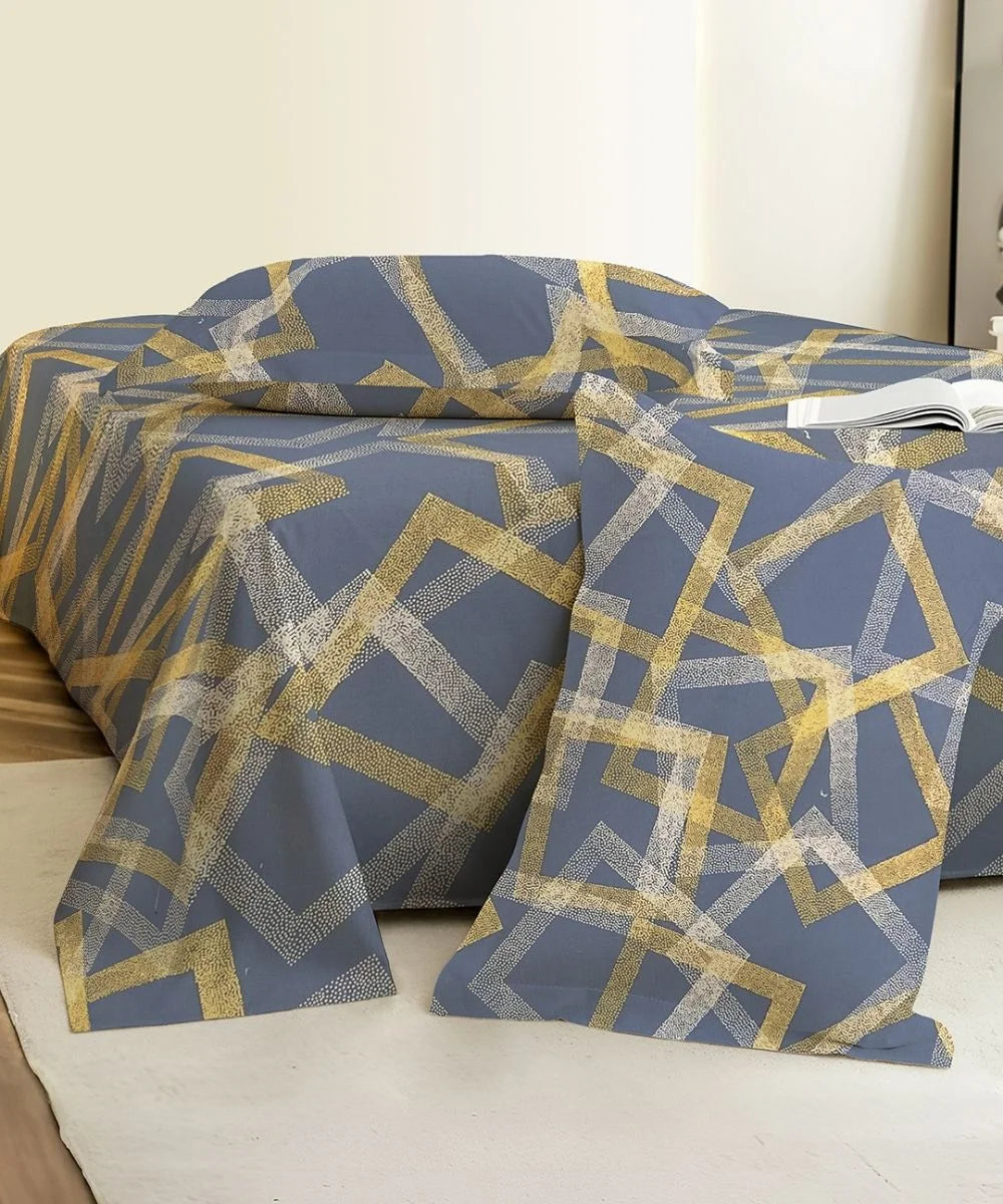 Slate Blue Geometric Charm Cotton Double Bedsheet with Pillow Covers