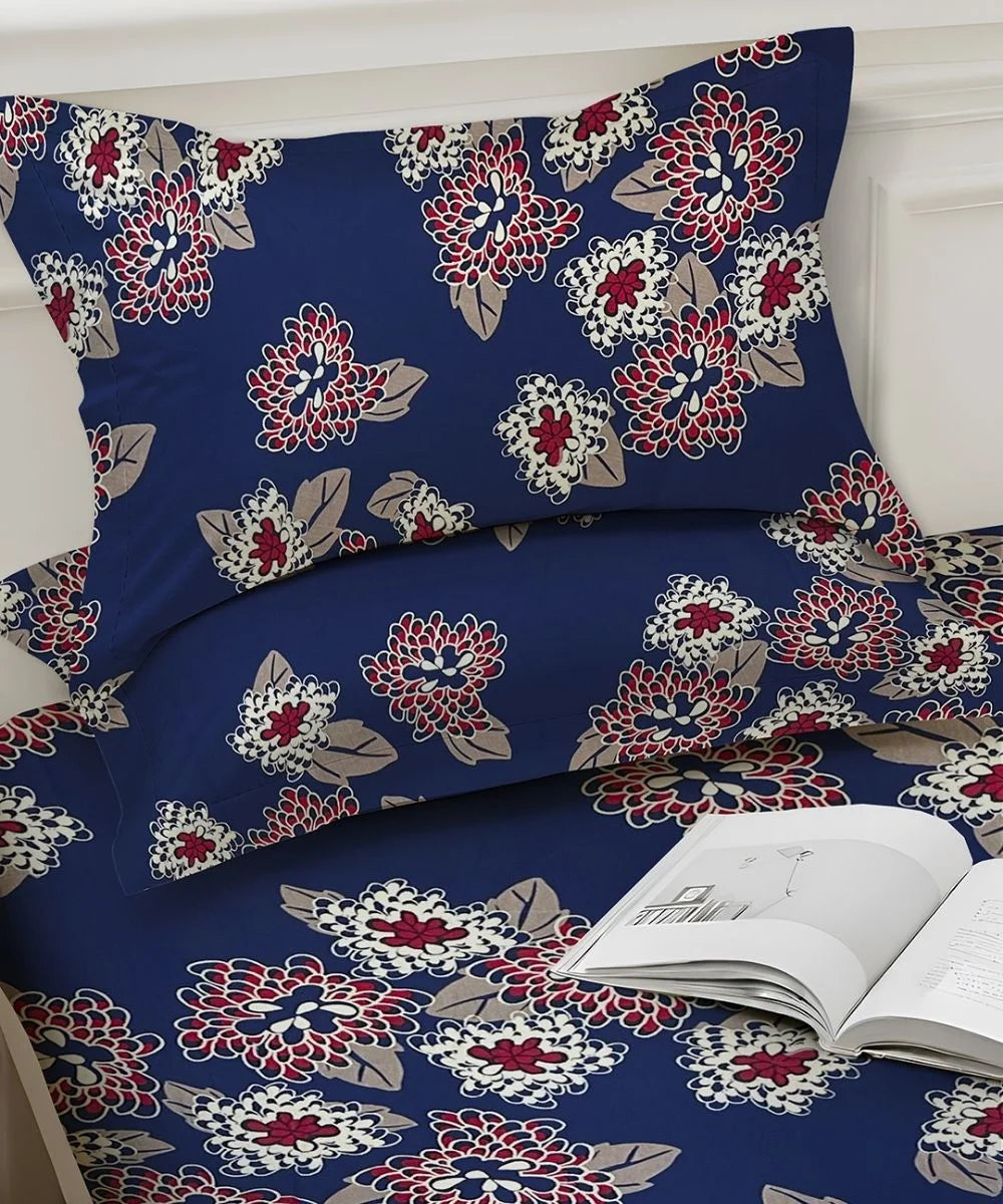 Midnight Bloom Floral Cotton Double Bedsheet with Pillow Covers