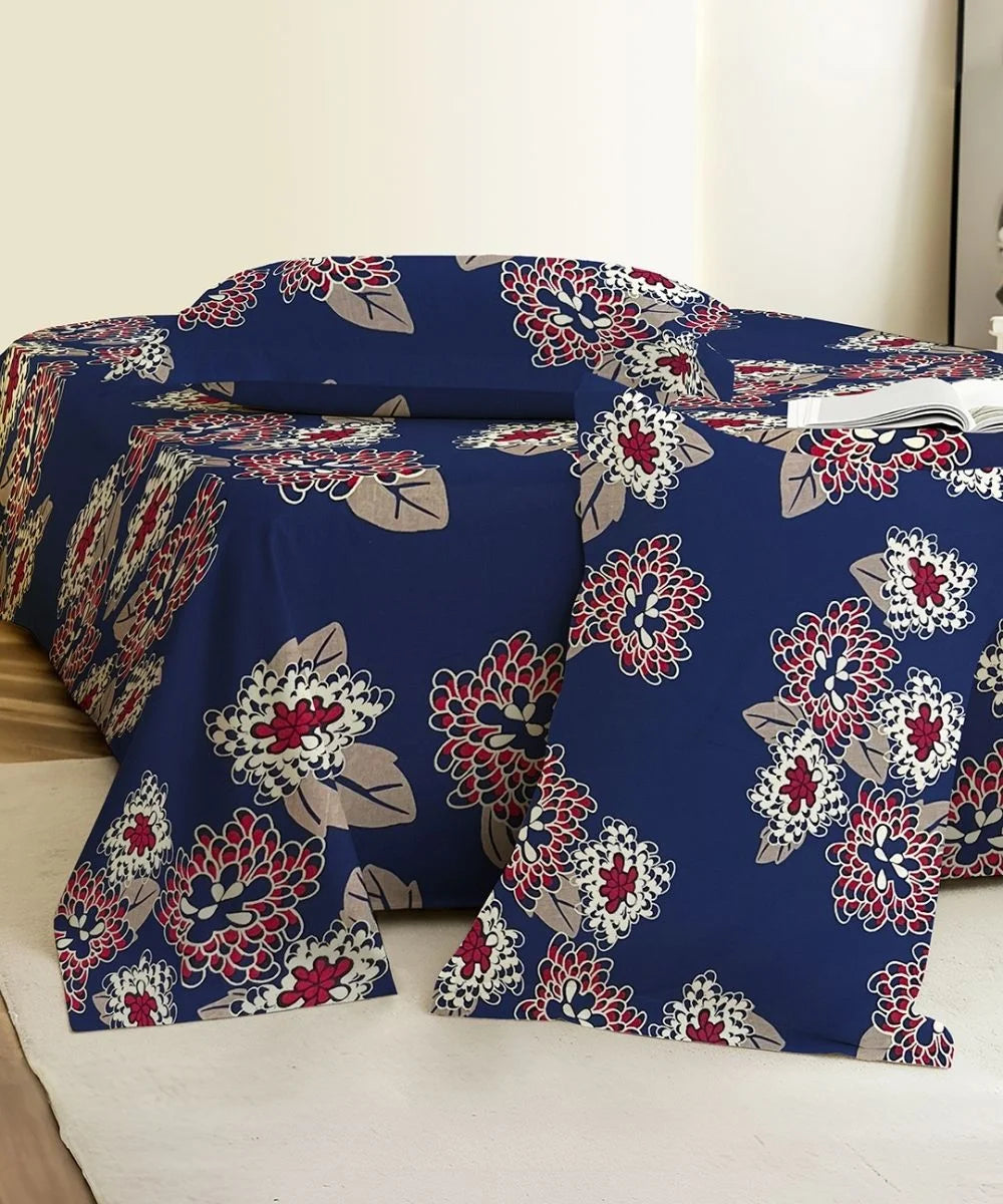 Midnight Bloom Floral Cotton Double Bedsheet with Pillow Covers