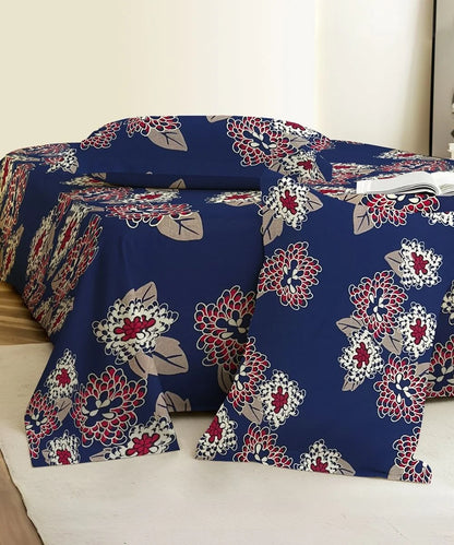 Midnight Bloom Floral Cotton Double Bedsheet with Pillow Covers