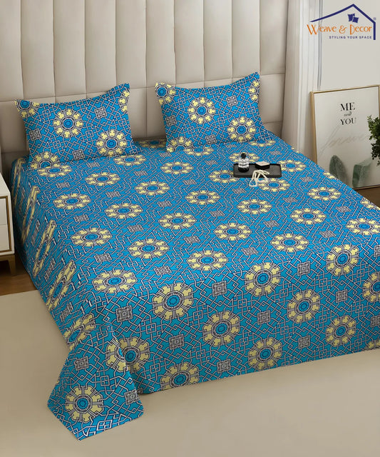 Azure Mosaic Charm Cotton Double Bedsheet with Pillow Covers