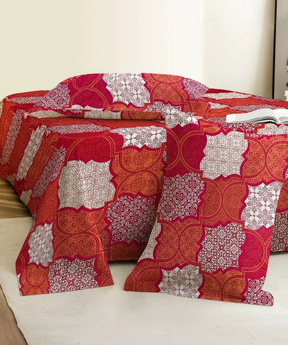 Crimson Mosaic Elegance Cotton Double Bedsheet with Pillow Covers