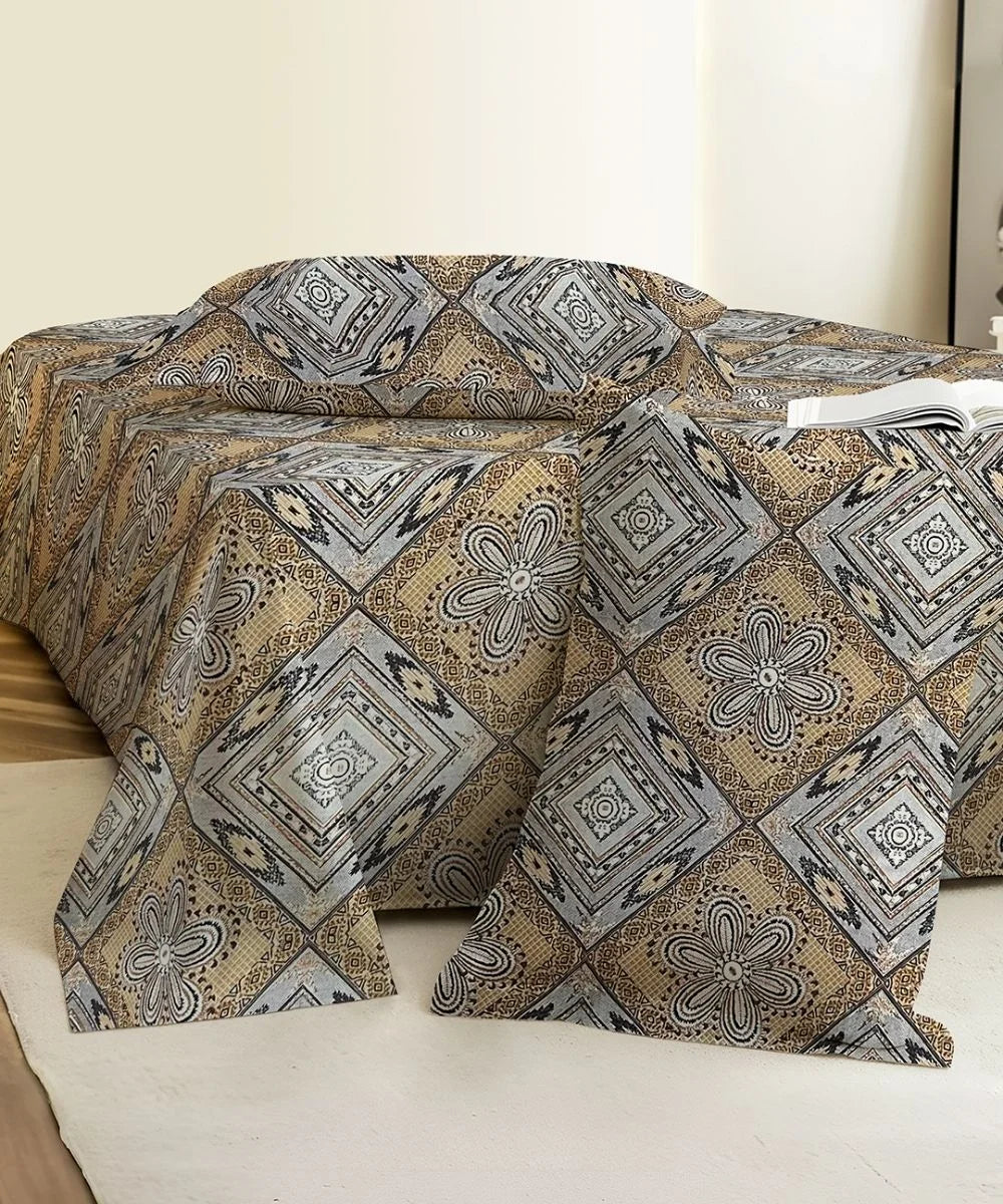 Sandstone Geo Bloom Cotton Double Bedsheet with Pillow Covers