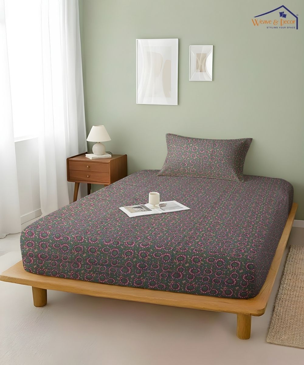 Dark Olive Paisley Elegance  – 130 GSM Cotton Fitted Bedsheet With Pillow Cover
