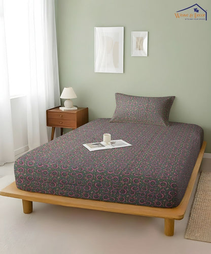 Dark Olive Paisley Elegance  – 130 GSM Cotton Fitted Bedsheet With Pillow Cover