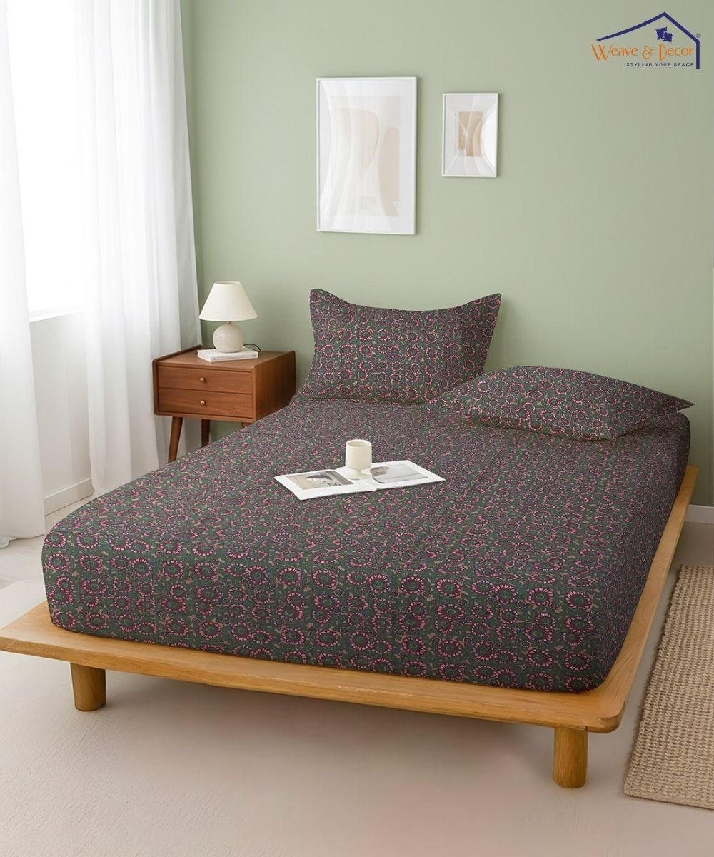 Dark Olive Paisley Elegance  – 130 GSM Cotton Fitted Bedsheet With Pillow Cover