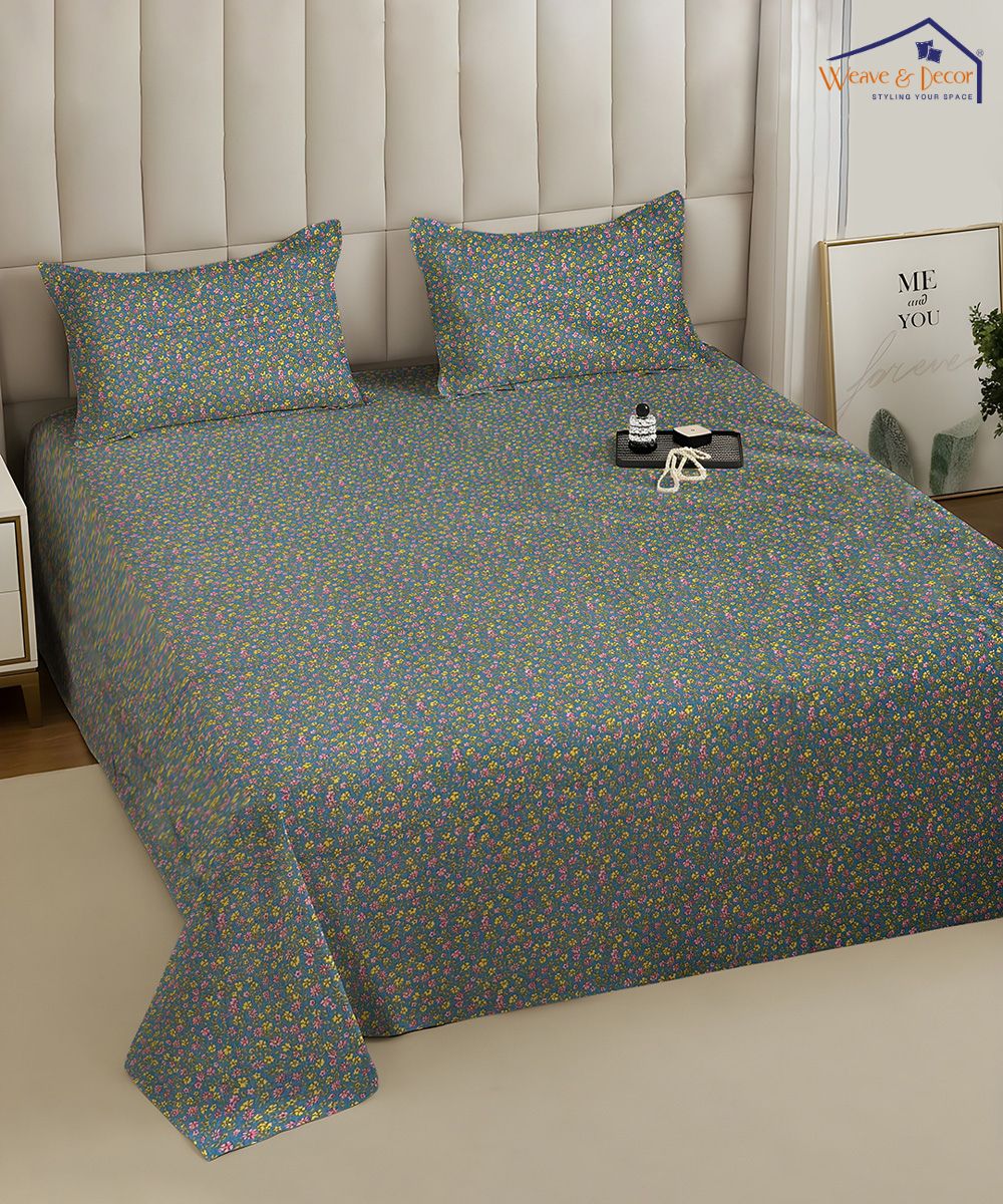 Slate Blue Tiny Floral Elegance Cotton Double Bedsheet with Pillow Covers