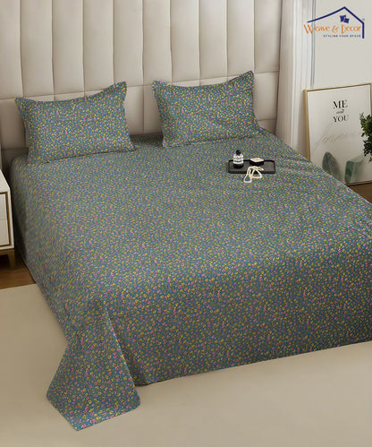 Slate Blue Tiny Floral Elegance Cotton Double Bedsheet with Pillow Covers