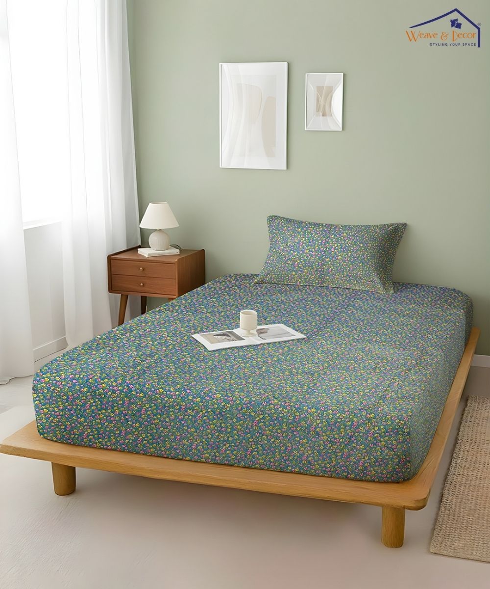 Slate Blue Tiny Floral Elegance  – 130 GSM Cotton Fitted Bedsheet With Pillow Cover