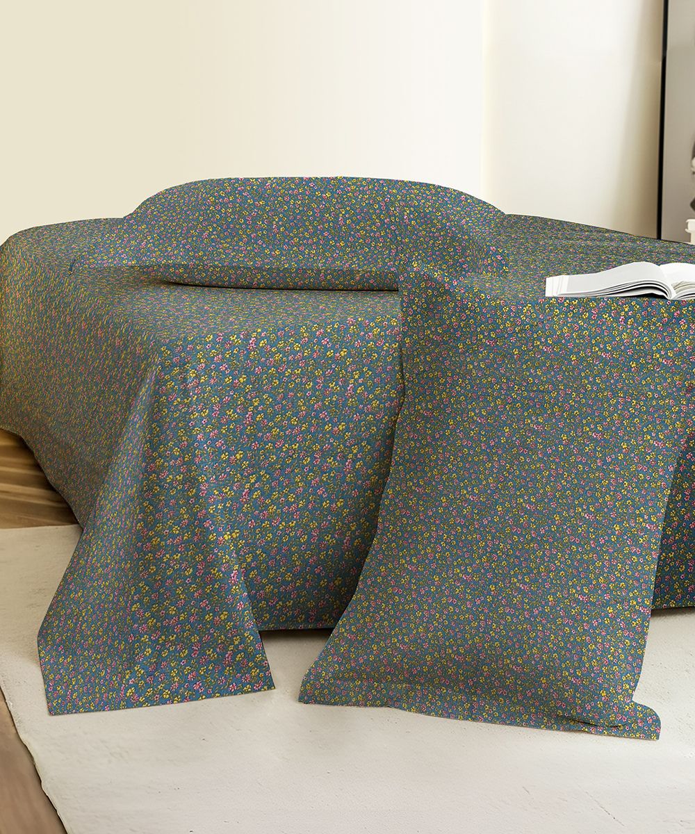 Slate Blue Tiny Floral Elegance Cotton Double Bedsheet with Pillow Covers
