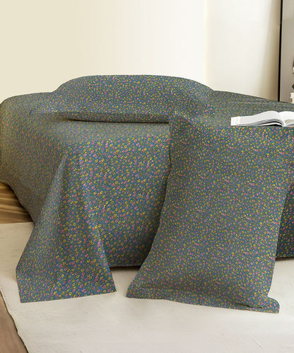 Slate Blue Tiny Floral Elegance Cotton Double Bedsheet with Pillow Covers