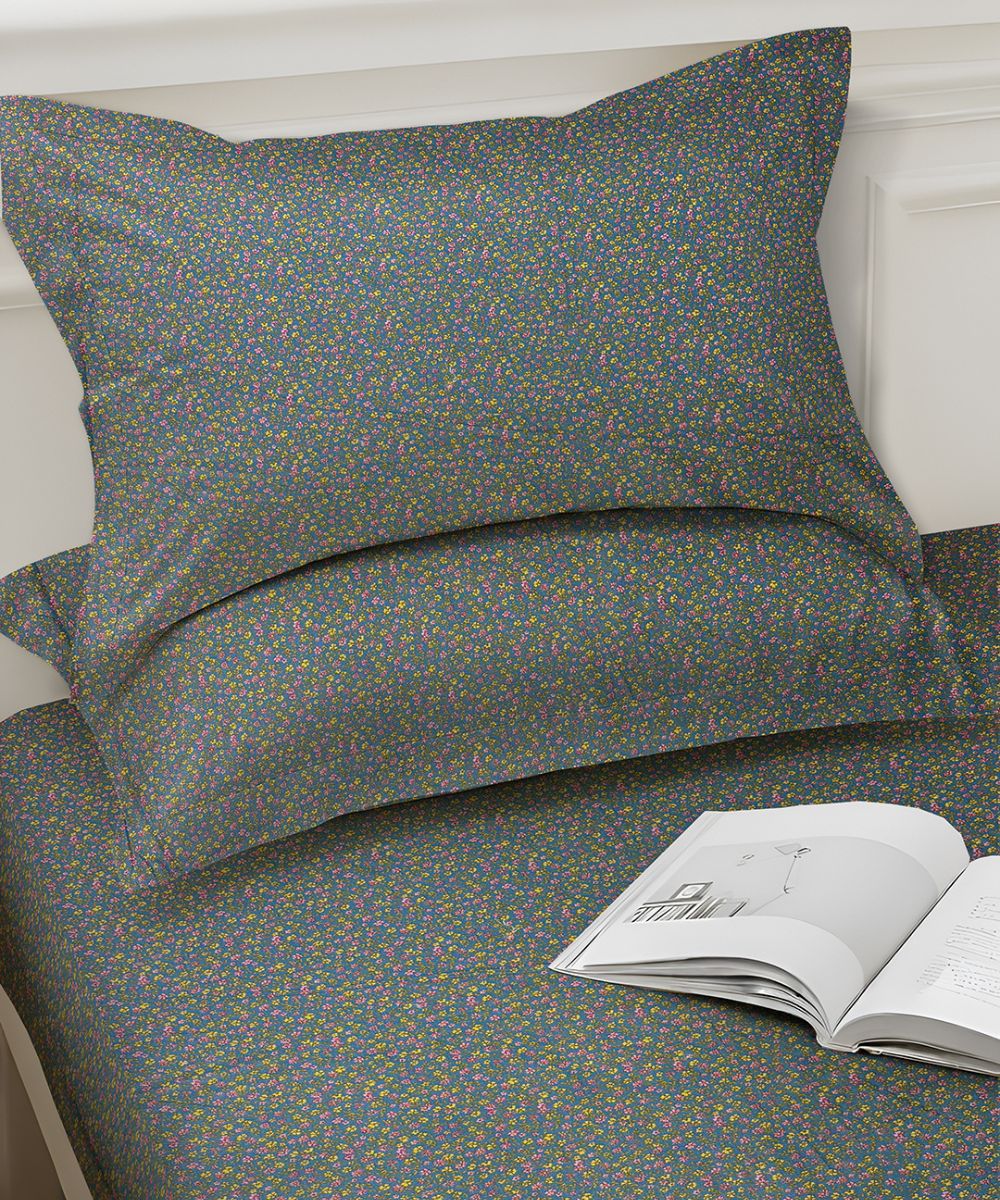 Slate Blue Tiny Floral Elegance Cotton Double Bedsheet with Pillow Covers