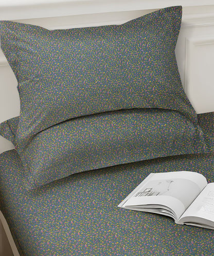 Slate Blue Tiny Floral Elegance Cotton Double Bedsheet with Pillow Covers