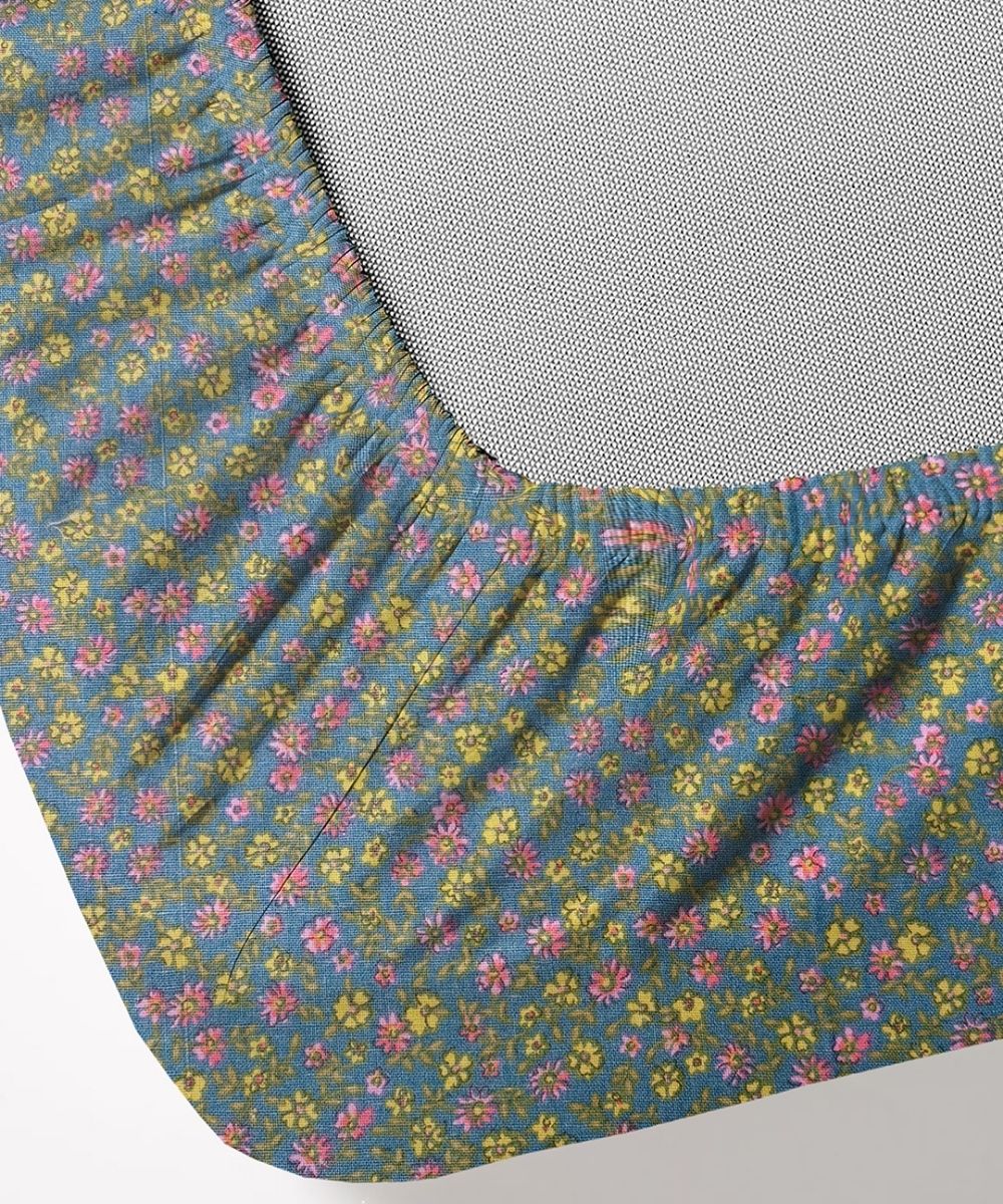 Slate Blue Tiny Floral Elegance  – 130 GSM Cotton Fitted Bedsheet With Pillow Cover
