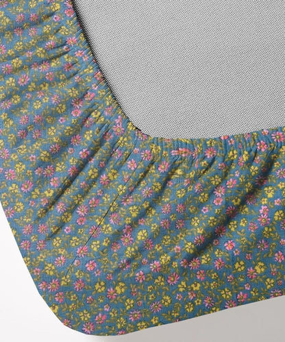 Slate Blue Tiny Floral Elegance  – 130 GSM Cotton Fitted Bedsheet With Pillow Cover