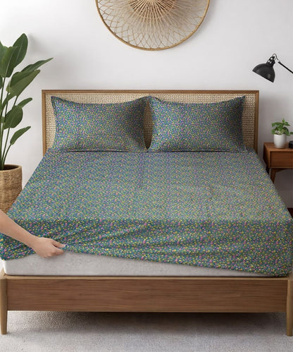 Slate Blue Tiny Floral Elegance  – 130 GSM Cotton Fitted Bedsheet With Pillow Cover
