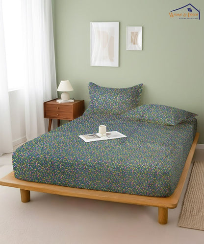 Slate Blue Tiny Floral Elegance  – 130 GSM Cotton Fitted Bedsheet With Pillow Cover