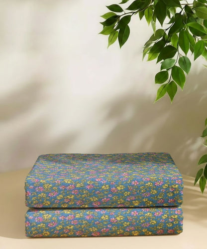 Slate Blue Tiny Floral Elegance  – 130 GSM Cotton Fitted Bedsheet With Pillow Cover
