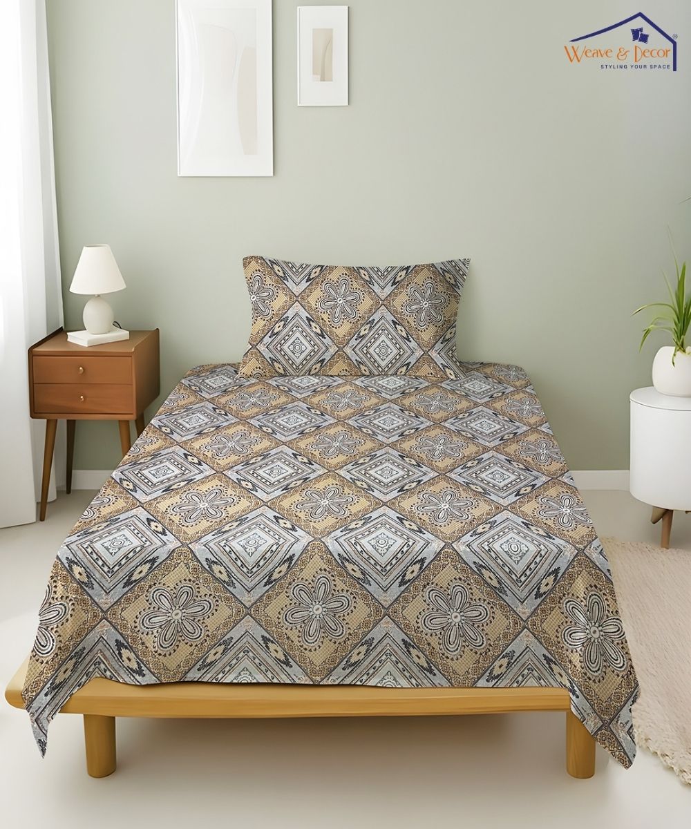 Sandstone Geo Bloom  – 130 GSM Cotton Single Bedsheet With Pillow Cover |90x60 inches