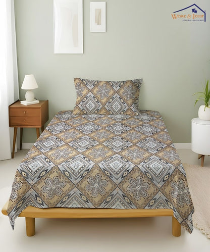 Sandstone Geo Bloom  – 130 GSM Cotton Single Bedsheet With Pillow Cover |90x60 inches
