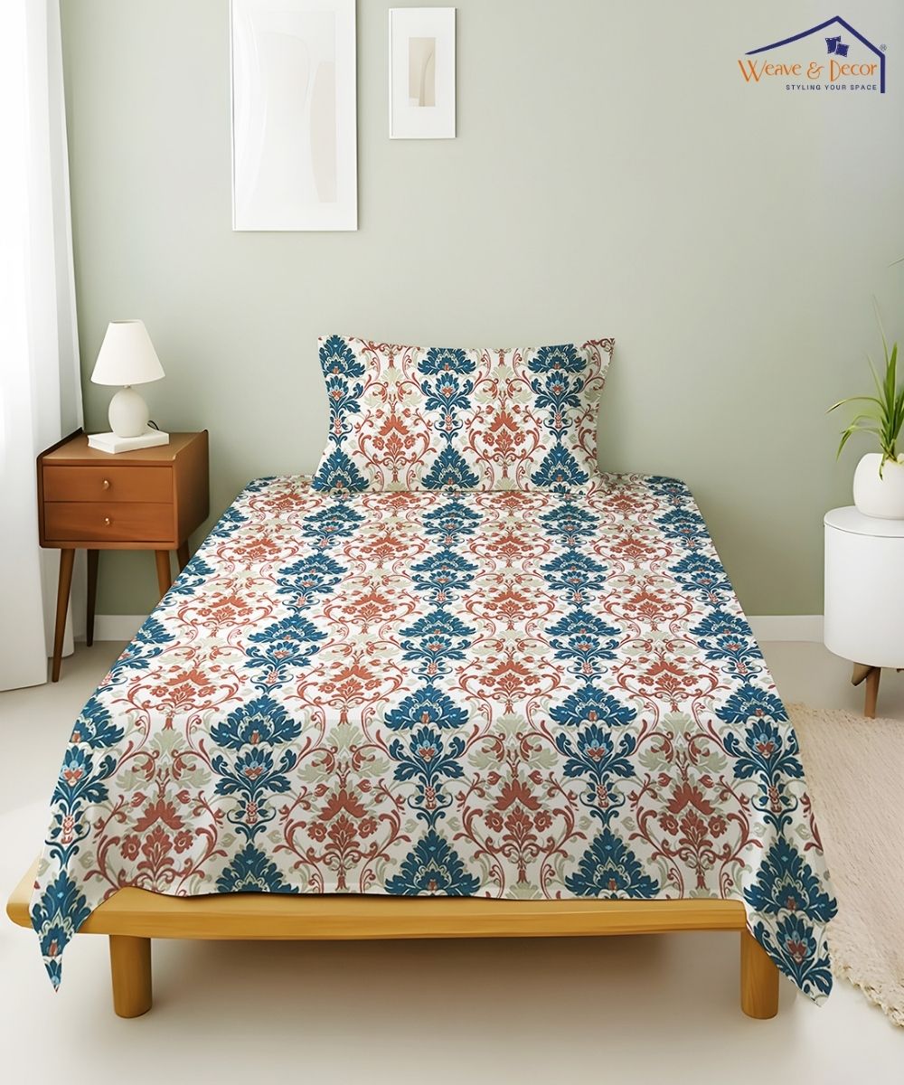 Sage Floral Vine – 130 GSM Cotton Single Bedsheet With Pillow Cover |90x60 inches