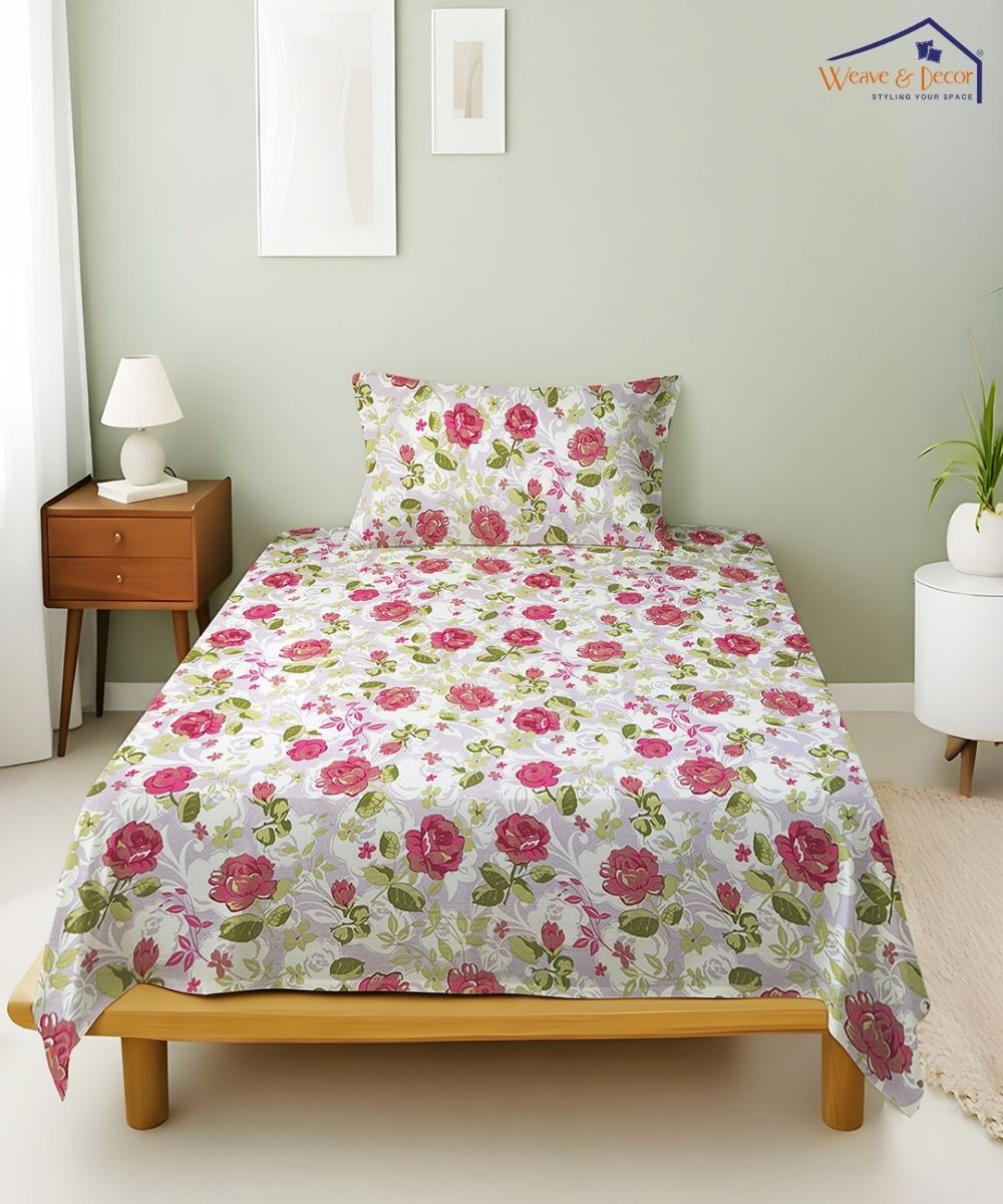Blush Garden Floral Cotton Single Bedsheet With 1 Pillow Cover