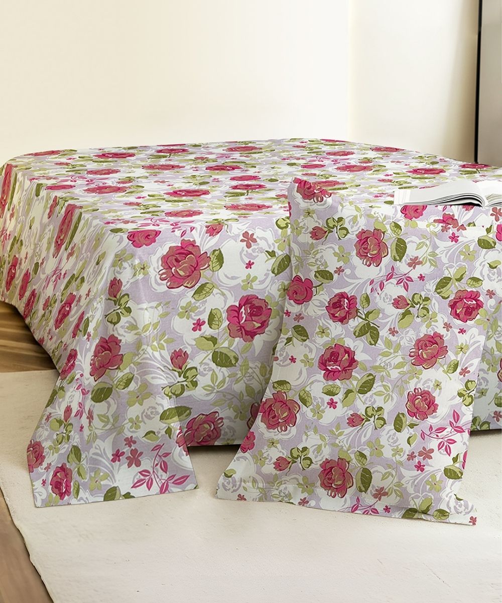 Blush Garden Floral Cotton Single Bedsheet With 1 Pillow Cover