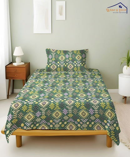 Teal Nordic Geometric  – 130 GSM Cotton Single Bedsheet With Pillow Cover |90x60 inches