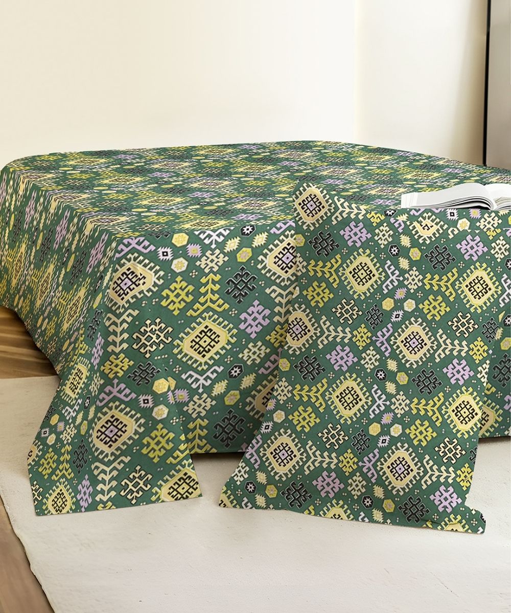 Teal Nordic Geometric  – 130 GSM Cotton Single Bedsheet With Pillow Cover |90x60 inches